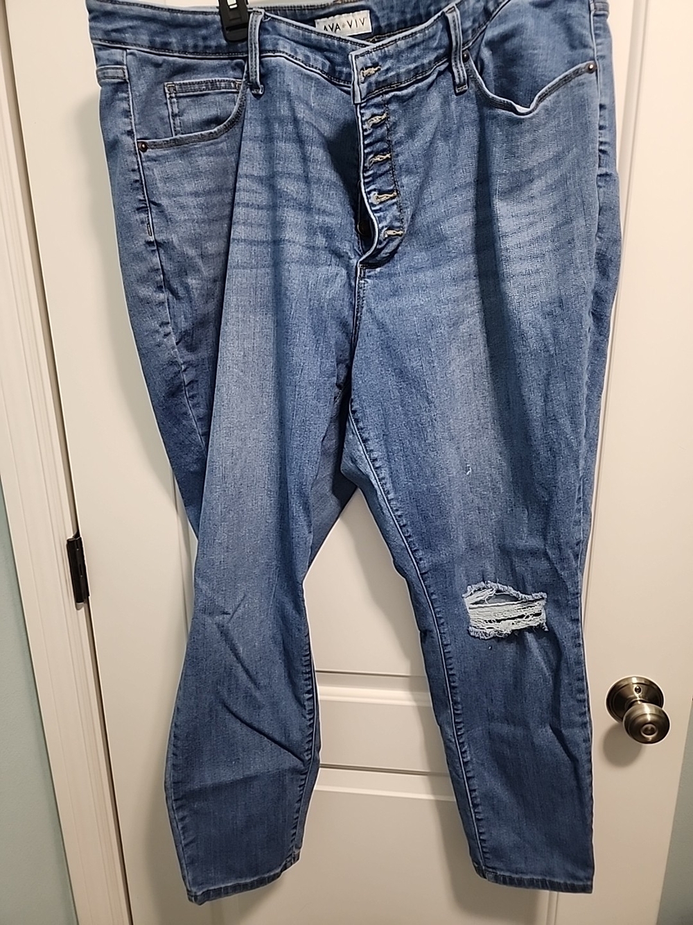 Ava & Viv Light Blue Button-Fly Boyfriend Jeans with Knee Distress